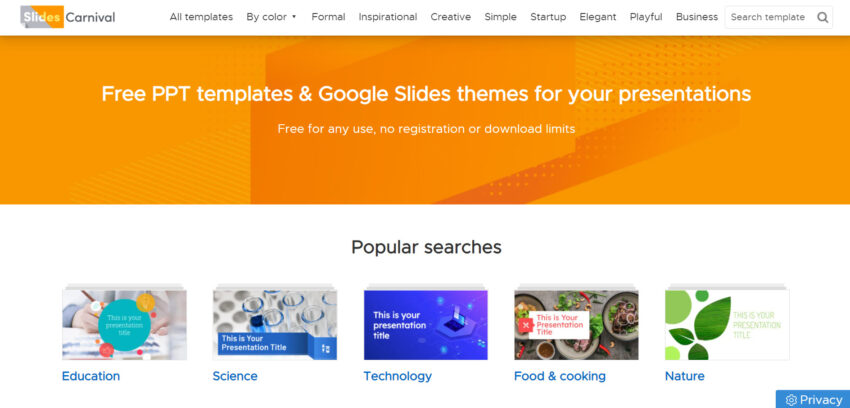 PPT 模板｜免費下載 #1 Slides Carnival 在網站選單上可依模板主題，快速找到適合自己的模板，比如能依色系找特定顏色的模板(By color)、簡約風模板(simple)、工作商用PPT模板(business)，風格多元而且一目瞭然！