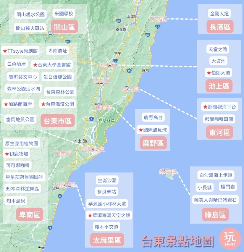 台東景點地圖 關山區 台東市區 卑南區 太麻里區 鹿野區 綠島區 東河區 池上區 長濱區